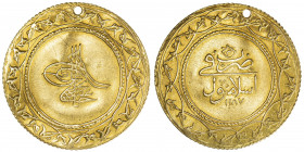 TURKEY: Abdul Hamid I, 1774-1789, AV 1½ altin (4.65g), Islambul, AH1187 year 3, KM-424, Damali-K-A5b, pierced, bold VF, ex Ahmed Sultan Collection. 
...