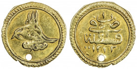 TURKEY: Mustafa IV, 1807-1808, AV sultani (altin) (3.16g), Kostantiniye, AH1222 year 1, KM-546, pierced, VF.
Estimate: USD 170 - 200