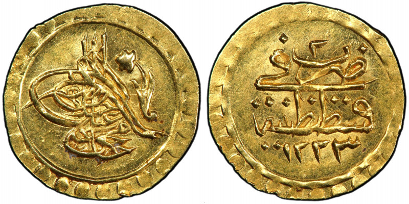 TURKEY: Mahmud II, 1808-1839, AV rubiye (0.83g), Kostantiniye, AH1223 year 2, KM...