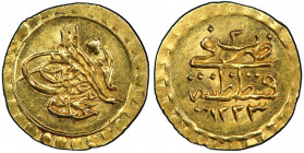 TURKEY: Mahmud II, 1808-1839, AV rubiye (0.83g), Kostantiniye, AH1223 year 2, KM-605, denomination equals ¼ sultani (¼ findik), a lovely lustrous exam...