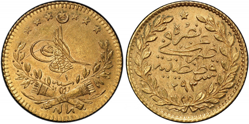 TURKEY: Murad V, 1876, AV 25 kurush, Kostantiniye, AH1293 year 1, KM-713, PCGS g...