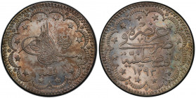 TURKEY: Abdul Hamid II, 1876-1909, AR 5 kurush, Kostantiniye, AH1293 year 32, KM-737, a fantastic example! PCGS graded MS66+.
Estimate: USD 100 - 150
