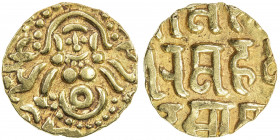 GHORID: Mu'izz al-Din Muhammad, 1171-1206, AV dinar (4.20g), A-1764.2, De-253, Bayana type, Lakshmi obverse, naming Mu'izz al-Din in Nagari legends on...