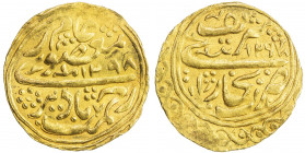 MANGHIT OF BUKHARA: Muzaffar al-Din, 1860-1886, AV tilla (4.66g), Bukhara, AH1298, A-3038, slightly wavy planchet, pleasing strike, choice VF.
Estima...