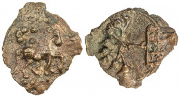 SUKTIMATI: Anonymous, 2nd century BC, AE squarish unit (1.11g), Pieper-2021:1420 (this piece), horse right, Ujjain symbol above // railed tree, as str...