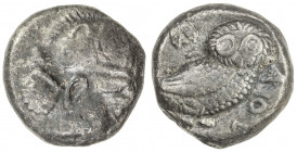 INDO-GREEK: Athenian series, ca. 260-240 BC, AR drachm (3.62g), cf Sears-6719, head of Athena right // owl, with olive sprig and text AΘE, narrow thic...