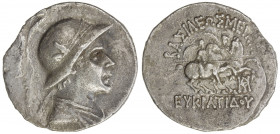 INDO-GREEK: Eukratides I, ca. 170-145 BC, AR tetradrachm (15.98g), Bop-6EE, diademed bust left, wearing crested helmet // the Dioscuri on horseback, r...