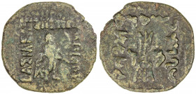 INDO-GREEK: Zoilos II, ca. 55-35 BC, AE obol (12.75g), Bop-3var, Gawlik fig. 27 in JONS-235, type 3.4 (this piece), Apollo standing, holding arrow // ...