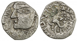 MAUKHARI OF KANAUJ: Avanti Varman, ca. 560-580, AR drachm (2.25g), Mitch-—, king's bust left, traces of a date to the left // fan-tailed peacock stand...