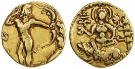 GUPTA: Chandragupta II, 383-412, AV dinar (7.65g), Kumar, p. 271, variety A.5.1, lion-slayer type: king standing, almost completely upright, holding t...
