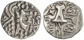 JAMMU & KASHMIR: Namvihakya, 5th century, debased AV stater (7.84g), Mitch-3655, highly stylized late Kushan design (standing king // Ardoksho), unusu...