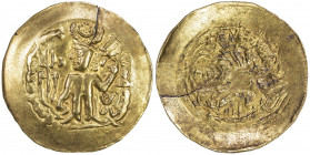 KIDARITE: Anonymous, 5th century, scyphate AV dinar (7.05g), G-85, king standing, holding trident in right hand, uncertain object in left hand, tamgha...