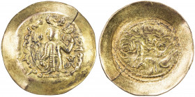 KIDARITE: Anonymous, 5th century, scyphate AV dinar (7.08g), G-85, king standing, holding trident in right hand, uncertain object in left hand, tamgha...