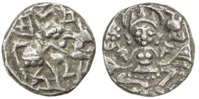 KASHMIR: Harshadeva, 1089-1101, AR drachm (3.10g), cf. JONS-208 (2011), pp.28-33, man, wearing angular headdress and holding spear, seated on horsebac...