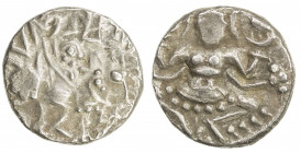KASHMIR: Harshadeva, 1089-1101, AR drachm (3.10g), cf. JONS-208 (2011), pp.28-33, man, wearing angular headdress and holding spear, seated on horsebac...