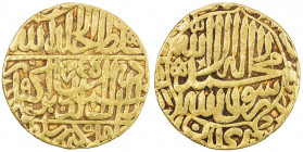 MUGHAL: Akbar I, 1556-1605, AV mohur (10.86g), Agra, AH975, KM-105.1, the top part of "g" in the mintname is visible at the bottom of the obverse, F-V...