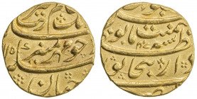 MUGHAL: Aurangzeb, 1658-1707, AV mohur (10.99g), Bijapur, AH1115 year 47, KM-315.15, with mint epithet dar al-zafar, very scarce variety with reverse ...