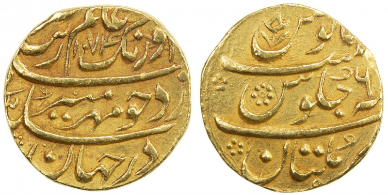 MUGHAL: Aurangzeb, 1658-1707, AV mohur (10.91g), Multan, AH1074 year 6, KM-315.3...