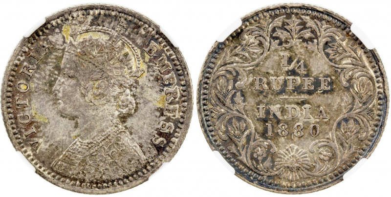 BRITISH INDIA: Victoria, Empress, 1876-1901, AR ¼ rupee, 1880-C, KM-490, lovely ...