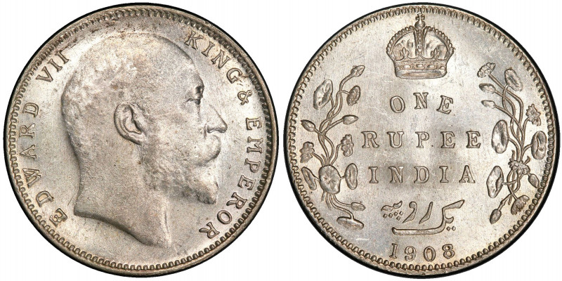 BRITISH INDIA: Edward VII, 1901-1910, AR rupee, 1908/7(b), KM-508, S&W-7.42, a v...