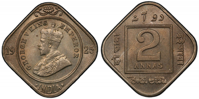 BRITISH INDIA: George V, 1910-1936, 2 annas, 1925(c), KM-516, S&W-8.240, a wonde...