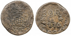 GOA: José I, 1750-1777, AE ½ tanga (30 reis) (20.57g), 1774, KM-135, small testmark on reverse, glossy brown patina, F-VF.
Estimate: USD 120 - 160