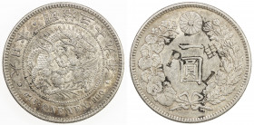 CHOPMARKED COINS: JAPAN: Meiji, 1868-1912, AR yen, year 39 (1906), Y-A25.3, large chopmarks of "P", "1" and a character on reverse, lovely toning, EF....