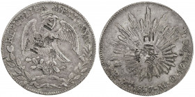 CHOPMARKED COINS: MEXICO: Republic, AR 8 reales, 1857-Zs, KM-377.13, assayer MO, chopmarked symbols and characters on either side, old toning, VF.
Es...