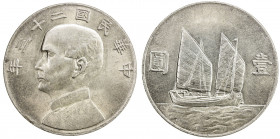 CHINA: Republic, AR dollar, year 23 (1934), Y-345, L&M-110, Sun Yat-sen, Chinese junk under sail, AU.
Estimate: USD 100 - 150
