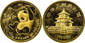 CHINA (PEOPLE'S REPUBLIC): AV 5 yuan, 1985, KM-113, Y-80, Panda Series, 1/20 ounce pure gold, with original plastic sleeve of issue, Brilliant Unc.
E...