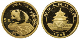 CHINA (PEOPLE'S REPUBLIC): AV 5 yuan, 1999, KM-1215, 1/20 troy ounce pure gold, Panda series, in original plastic holder of issue, Proof.
Estimate: U...