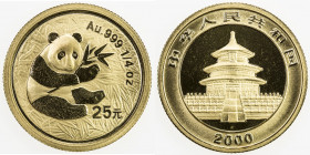 CHINA (PEOPLE'S REPUBLIC): AV 25 yuan, 2000, KM-1305, 1/4 troy ounce pure gold, Panda series, Proof

Estimate: USD 450 - 500