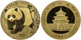 CHINA (PEOPLE'S REPUBLIC): AV 100 yuan, 2002, KM-1458, Panda Series, ¼ ounce pure gold, with original plastic sleeve of issue, Brilliant Unc.
Estimat...