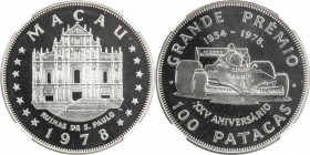 MACAO: Portuguese Colony, AR 100 patacas, 1978, KM-10, 25th Anniversary of the Macao Grand Prix, variety with advertising logos on the car, NGC graded...