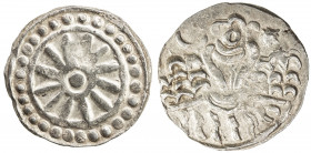 BURMESE KINGDOMS: AR unit (9.37g), ca. late 8th century, Mitch-98:403/05, Htun-240.1, Mahlo-52, wheel of law with 12 spokes, row of pellets around // ...
