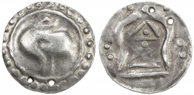 KYAIKKATHA (or Syriam): ca. late 8th or 9th century (8.68g), Mitch-—, cf. Mahlo-60, broad sankh shell // srivatsa, two pellets above, and 2 pellets bo...
