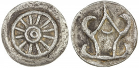 SUDHAMMAPURA: 7th century, AR unit (10.83g), Mahlo-24c, wheel of law (dharmachakra), 12 spokes // srivatsa, crescent only in center, bold VF-EF, RR. M...