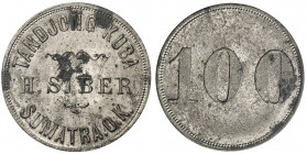SUMATRA: Tandjong Kuba, ca. 1888-1898, zinc 100 (cents/duits) (5.77g), L&W-479, text Tandjong Kuba / H. Siber / Sumatra.O.K. // denomination 100, coup...