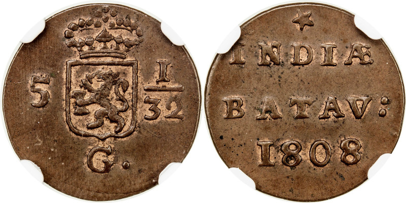 NETHERLANDS EAST INDIES: Batavian Republic, AE ½ duit, 1808, KM-75, much origina...