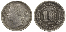 STRAITS SETTLEMENTS: Victoria, 1867-1901, AR 10 cents, 1874-H, KM-11, surface hairlines, AU, ex Dr. Axel Wahlstedt Collection. 
Estimate: USD 150 - 2...