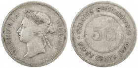 STRAITS SETTLEMENTS: Victoria, 1837-1901, AR 50 cents, 1893, KM-13, rare date, mintage of only 24,000, Very Good, R. 
Estimate: USD 200 - 250