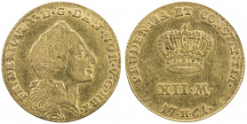 DENMARK: Frederik V, 1746-1766, AV 12 mark, 1761, KM-587.5, Fr-269, AGW 0.0877 oz., initials W and G, trade issue (ducat courant), traces of luster in...