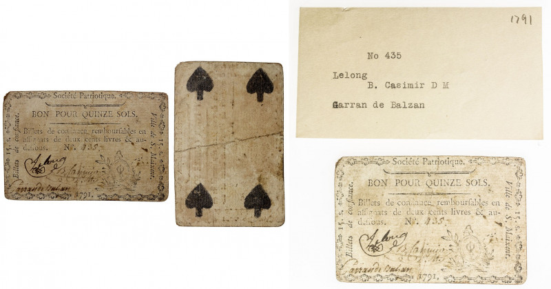 FRANCE: playing card money (15 sols), 1791, Opitz p.261 (plate example), 83x55mm...