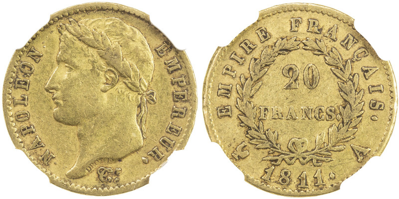 FRANCE: Napoleon I, as Emperor, 1804-1814, AV 20 francs, 1811-A, KM-695.1, Fr-51...