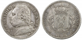 FRANCE: Louis XVIII, First reign, 1814-1815, AR 5 francs, 1814-A, KM-702.1, Gad-59, a lovely example with a few faint hairlines, AU. When the Sixth Co...