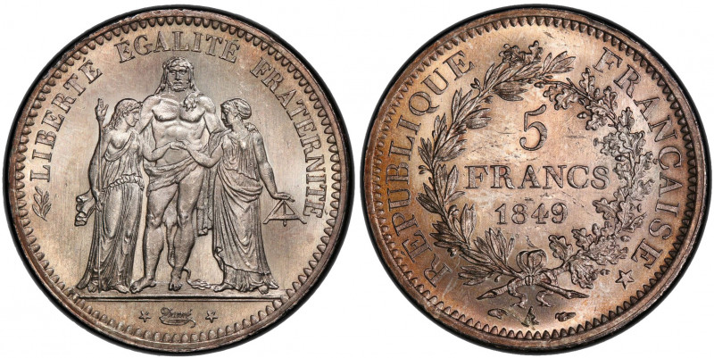 FRANCE: Second Republic, AR 5 francs, 1849-A, KM-756, Gad-683, F-326, a superb q...