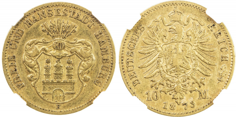HAMBURG: Free City, AV 10 mark, 1873-B, KM-596, Jaeger-206, one-year type, NGC g...