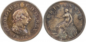 GREAT BRITAIN: George III, 1760-1820, AE farthing, 1806, KM-661, Spink-3782, K on truncation, superb coloration with pink toning over red and brown me...