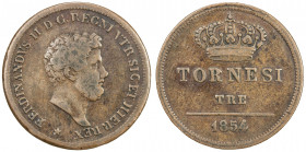 NAPLES & SICILY: Ferdinando II, 1830-1859, AE 3 tornesi, 1854, KM-330, pleasing appearance, rare type, Fine, R, ex Wolfgang Schuster Collection. 
Est...