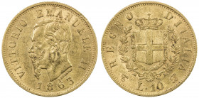 ITALY: Vittorio Emanuele II, 1861-1878, AV 10 lire, 1863-T, KM-9.2, Y-B18.2. Fr-15var, AGW 0.0933 oz, initials BN, better variety with 18.5mm diameter...